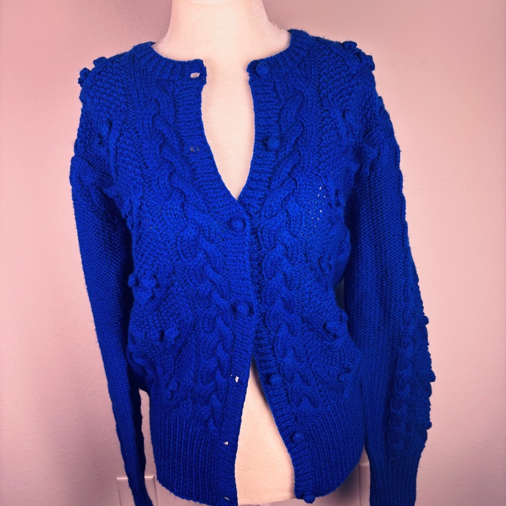 VTG wool Cobalt blue cable knit grandma cardigan popcorn bobble textured cottage